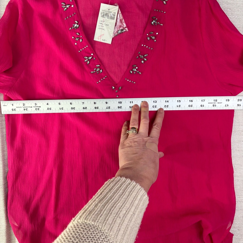 Chicos Pink 100% Silk Sheer Beaded V Neck Tunic Top Blouse Size 1 (M) Dressy - Picture 7 of 8